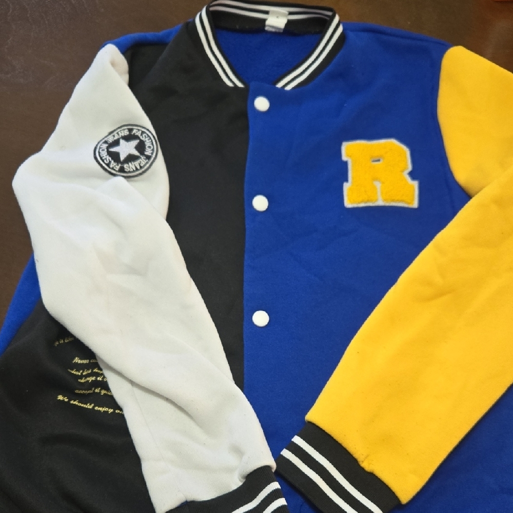 SHEIN Blue, Yellow, Black & White Colorblock Varsity Jacket with 'R' Patch